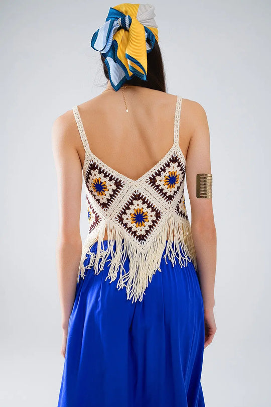Top en crochet avec extrémités à franges en crème - Tops