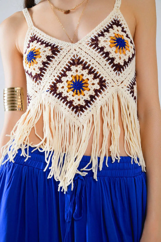 Q2 Top en crochet avec extrémités à franges en crème