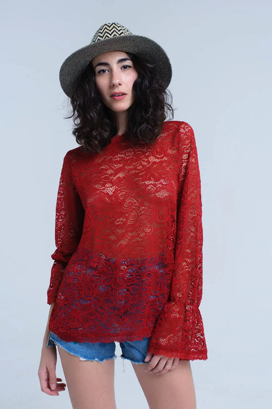 Q2 Top en dentelle transparente bordeaux avec manches cloche