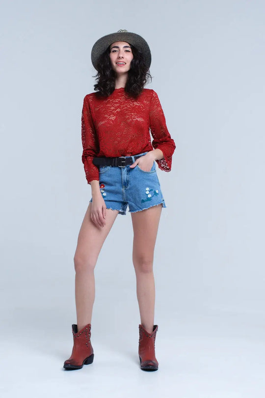 Top en dentelle transparente bordeaux avec manches cloche - Tee-Shirt