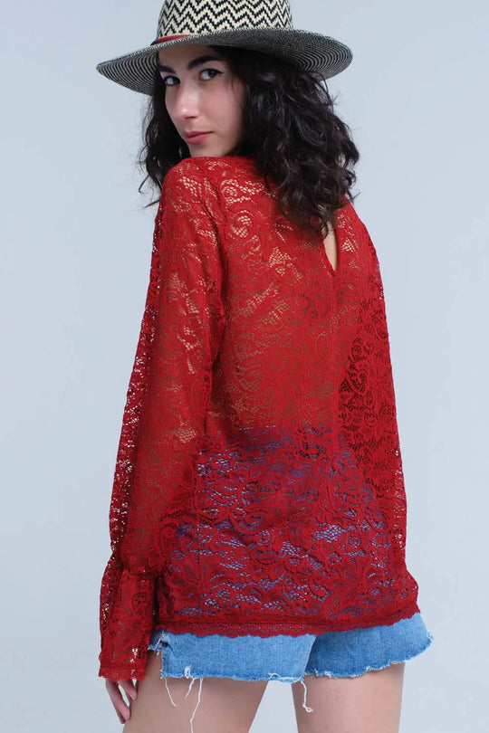 Top en dentelle transparente bordeaux avec manches cloche - Tee-Shirt