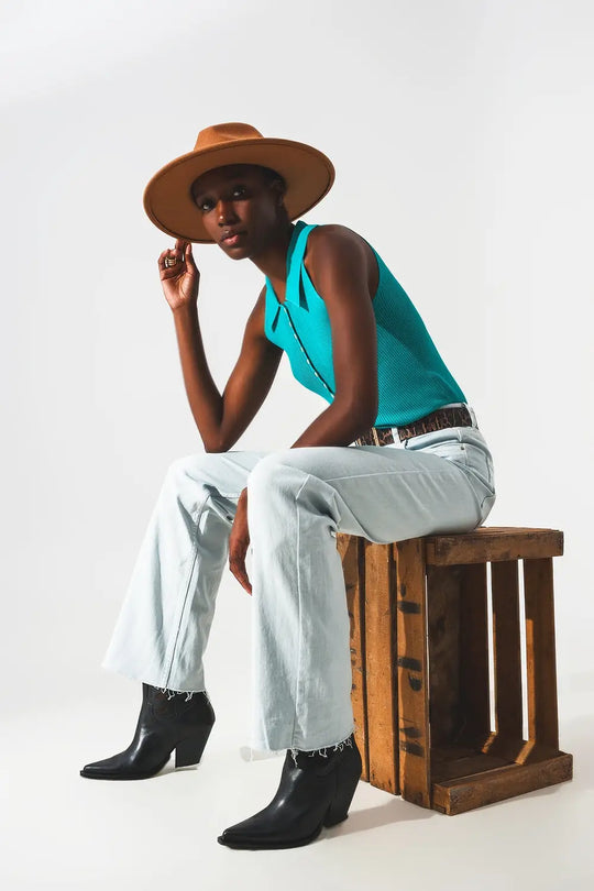 Top en maille côtelée à col polo en turquoise - Tops
