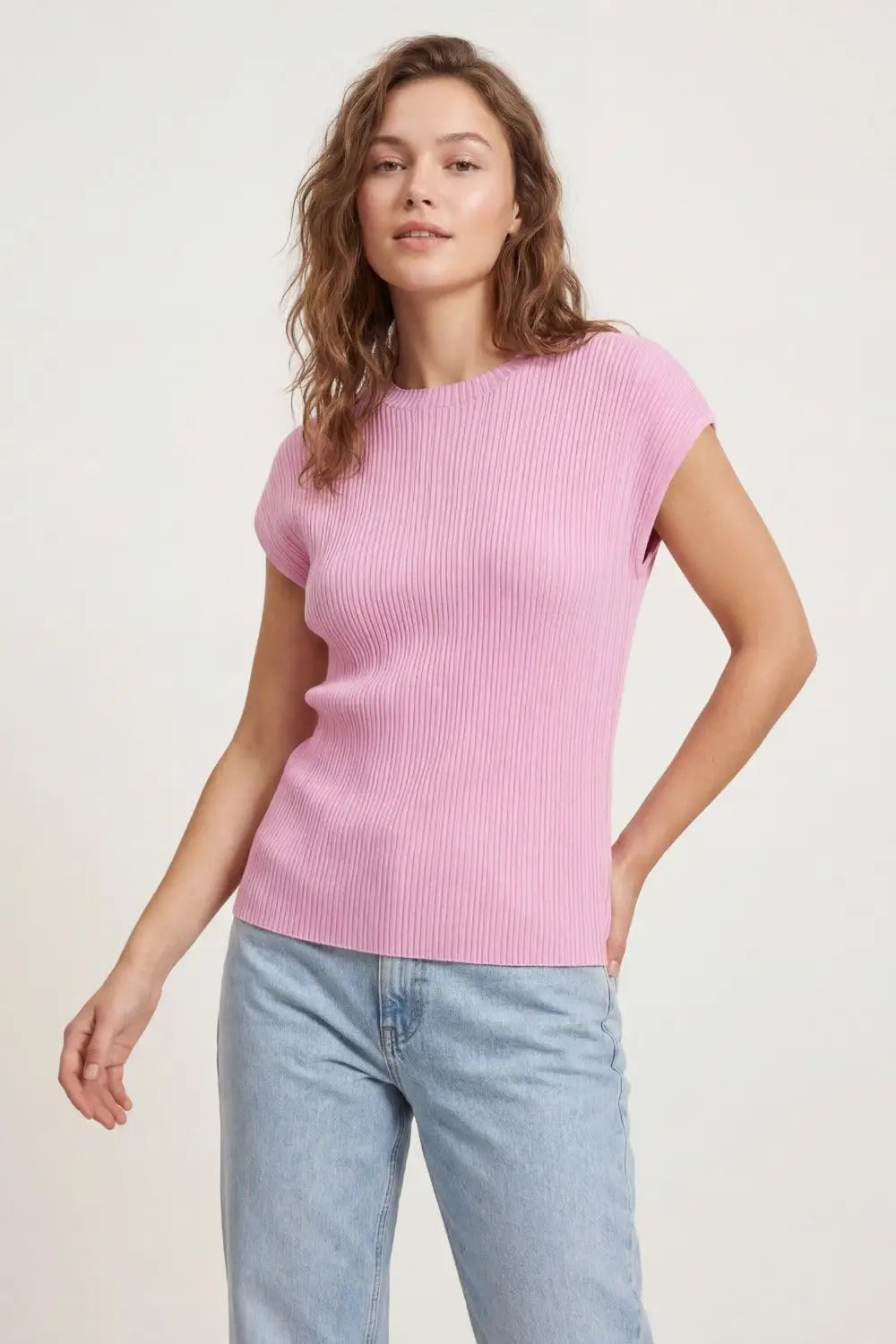Top en maille côtelée fine sans manches en rose - One Size / rose