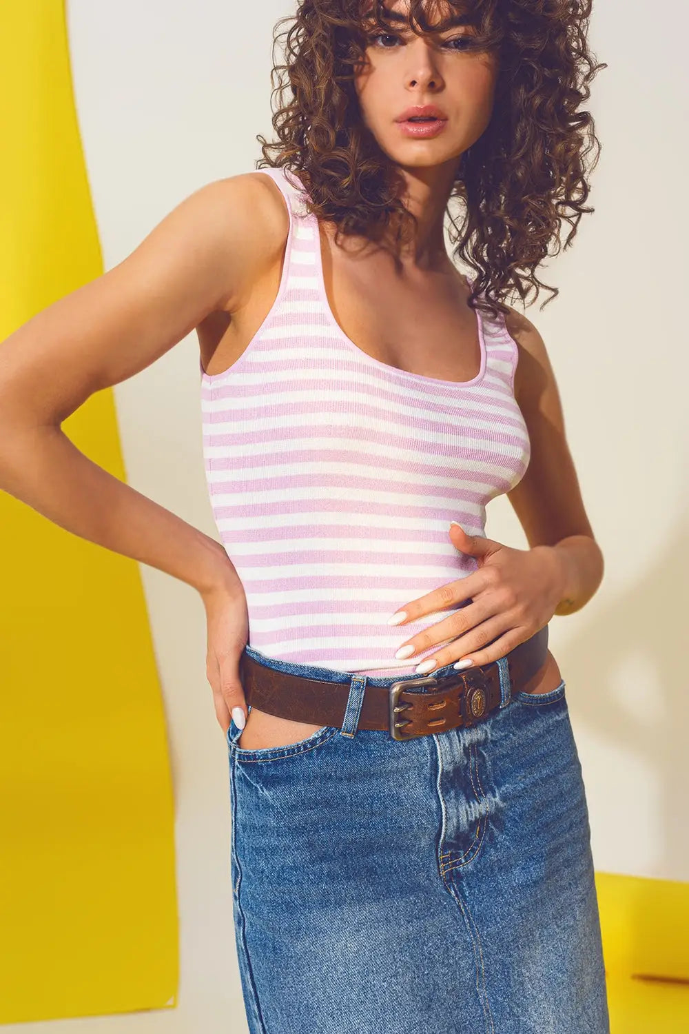 Top en maille fine à rayures roses et blanches - Pulls
