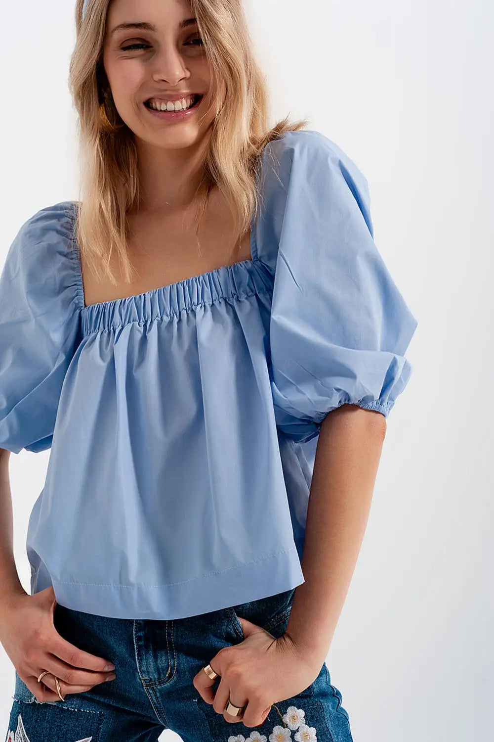 Top en popeline à manches ballon bleu - Tee-Shirt