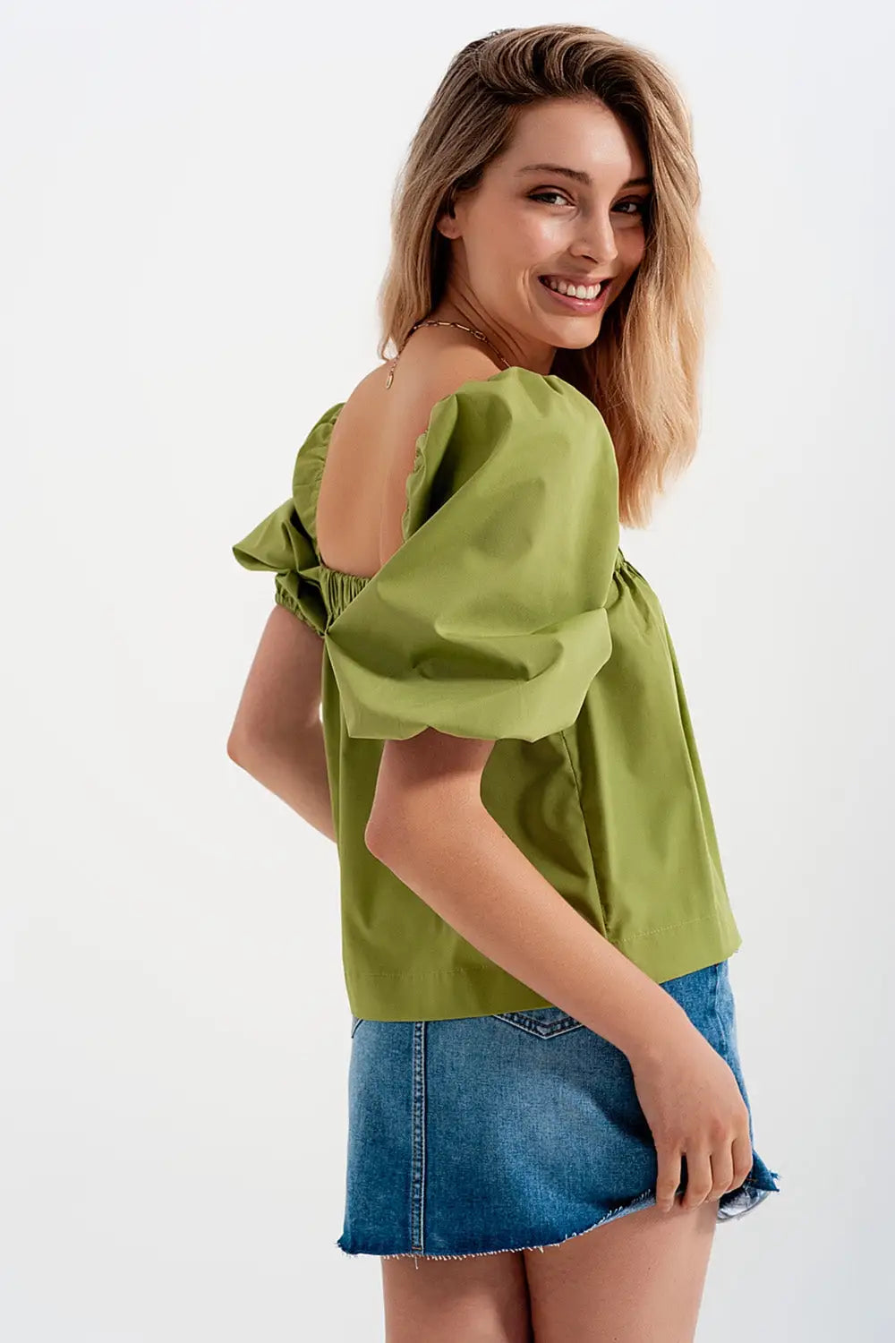 Top en popeline à manches ballon vert - Tee-Shirt