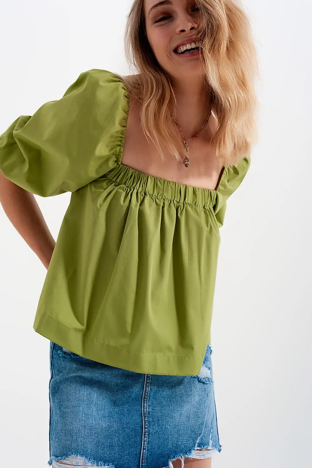 Top en popeline à manches ballon vert - Tee-Shirt