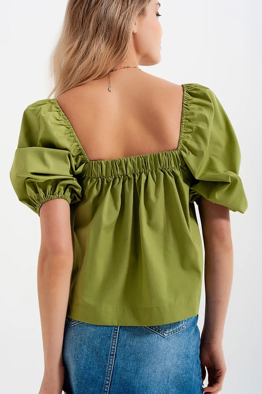Top en popeline à manches ballon vert - Tee-Shirt