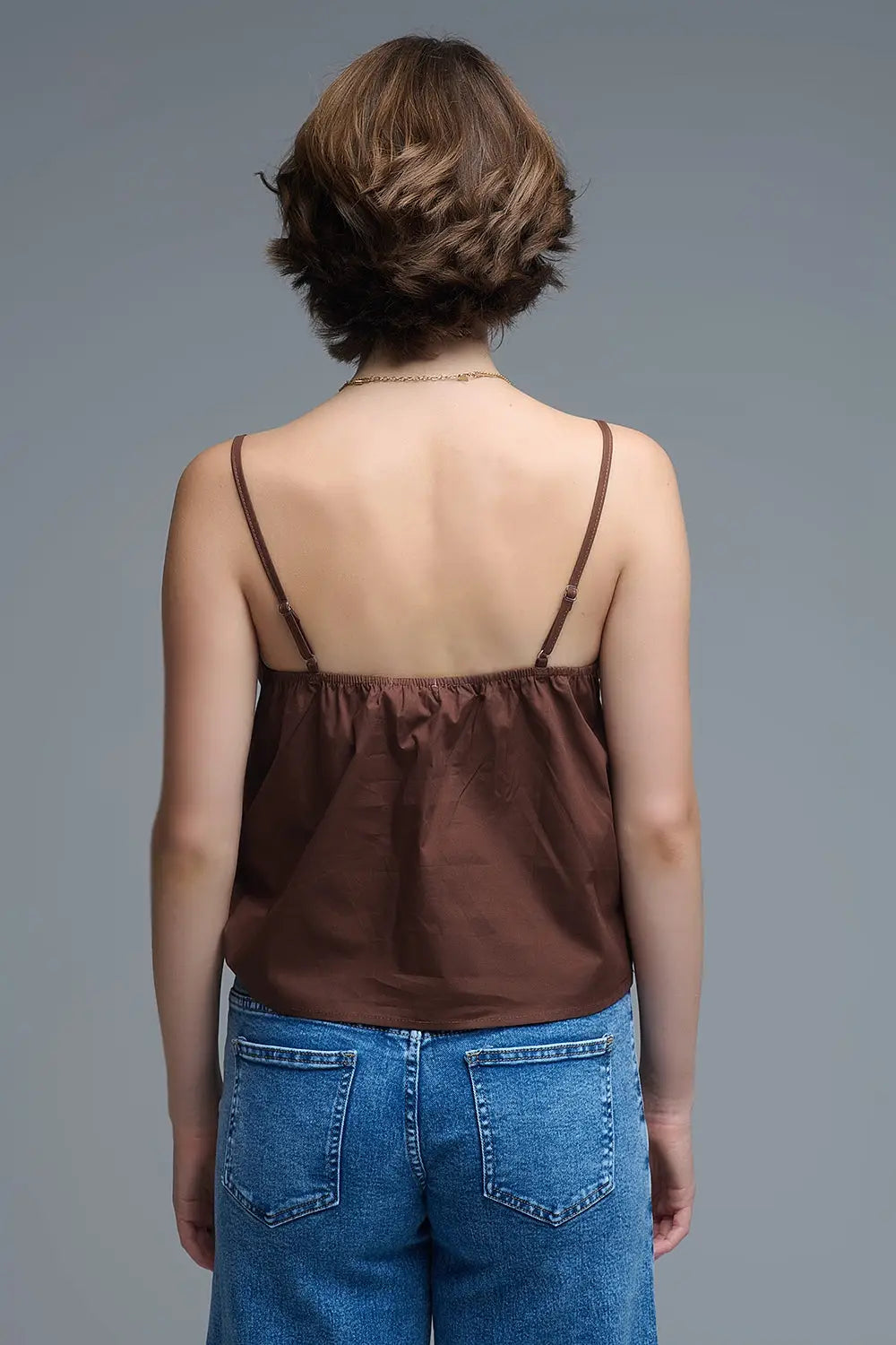 Top en popeline marron chocolaté avec nœud - Tops