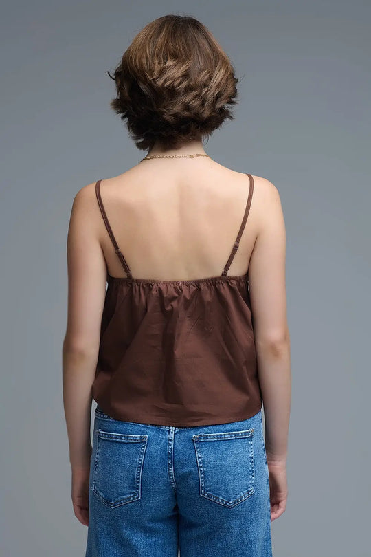 Top en popeline marron chocolaté avec nœud - Tops