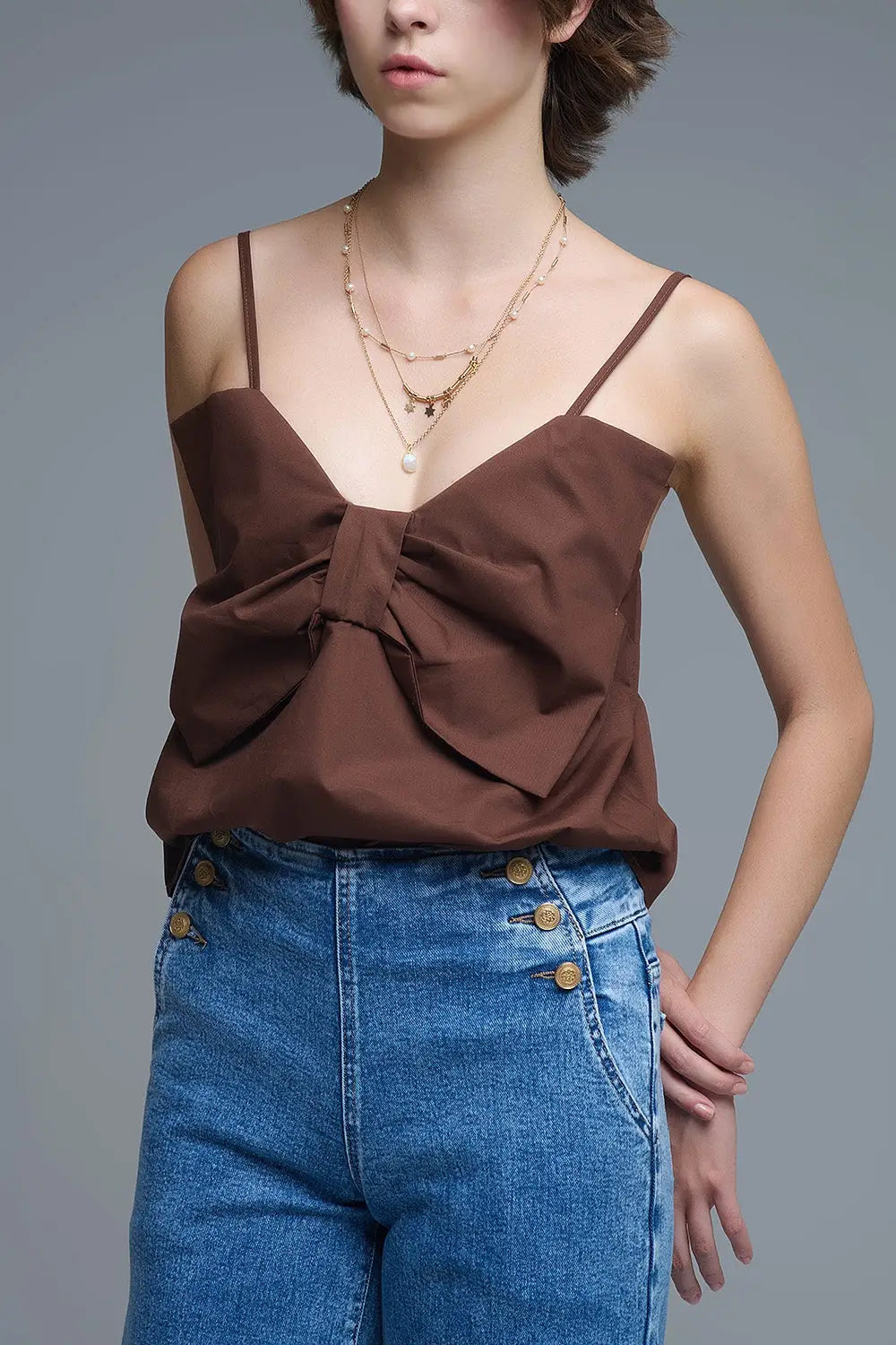 Top en popeline marron chocolaté avec nœud - Tops