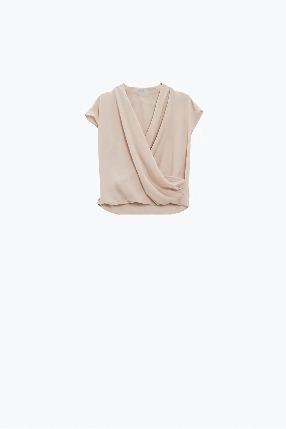 Top en soie croisée beige à col en V et manches courtes - Tops