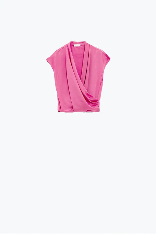 Top en soie croisée fuchsia avec col en V et manches courtes - Tops