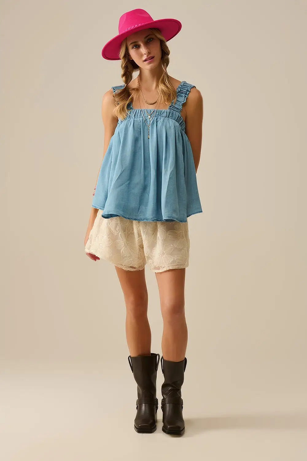 Top en tissu Tencel avec bretelles froncées en bleu - Tops