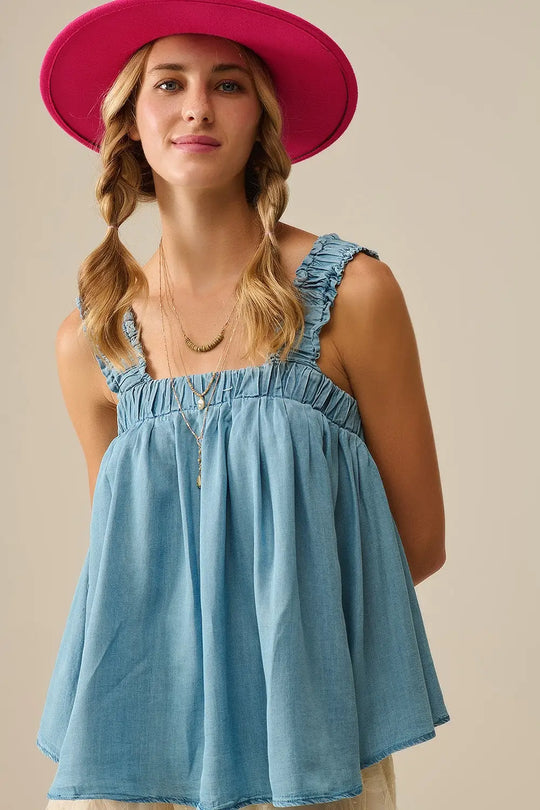 Top en tissu Tencel avec bretelles froncées en bleu - Tops