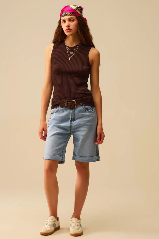 Top en tricot à manches côtelées marron - One Size / bleu - Pulls
