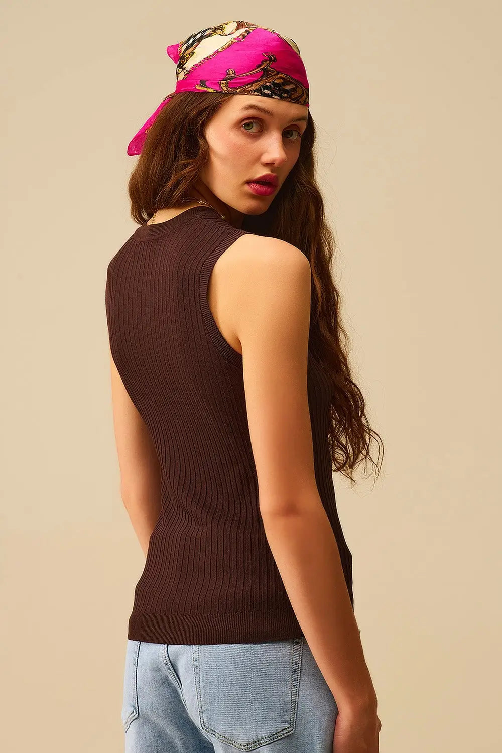 Top en tricot à manches côtelées marron - One Size / bleu - Pulls
