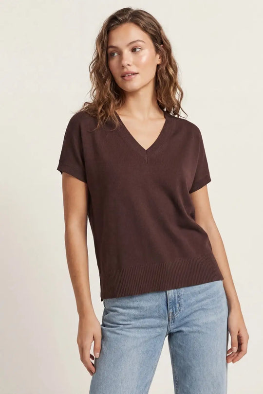 Top en tricot fin et léger avec col en V large marron - One Size / bleu