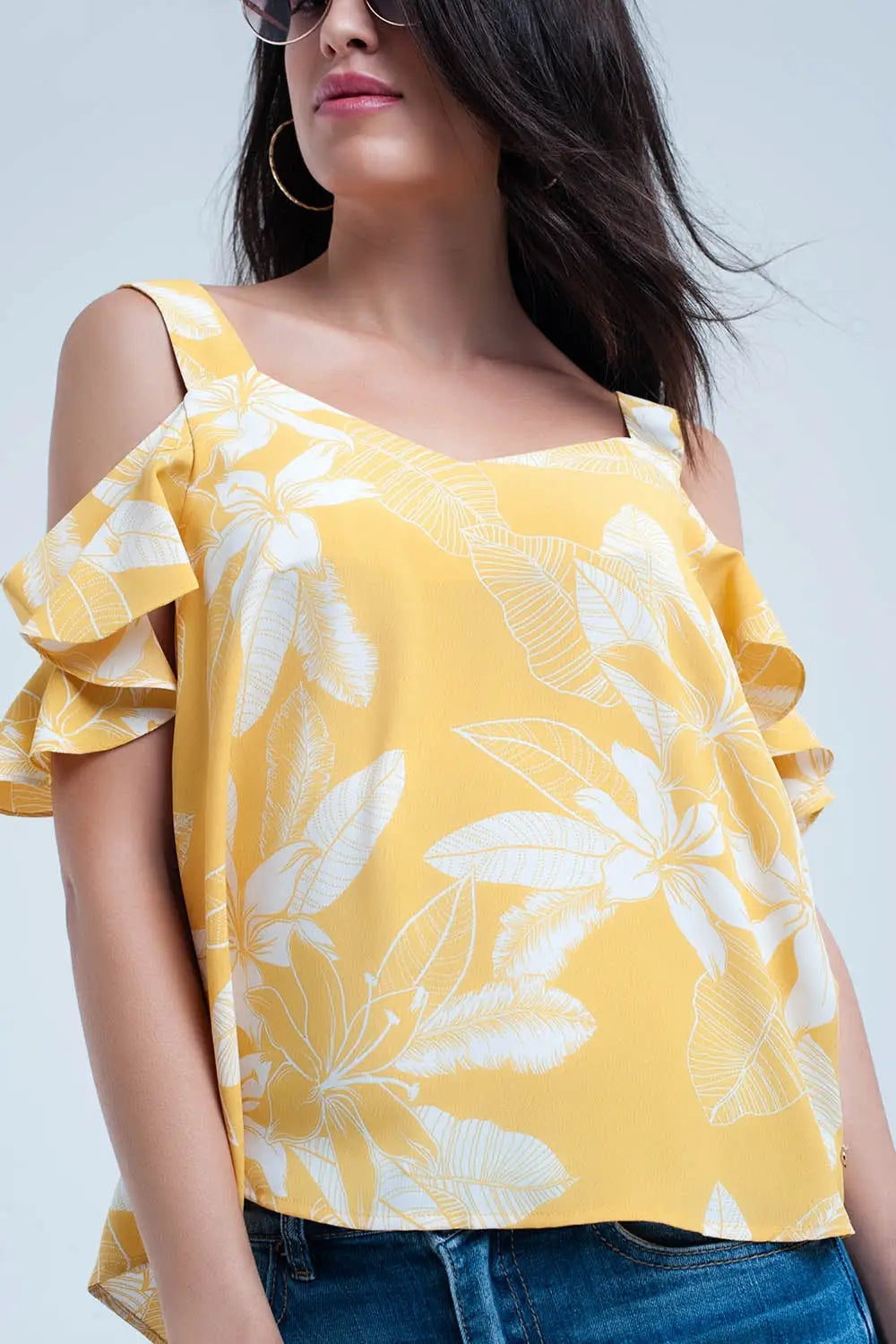 Top fleur jaune et volants - Tee-Shirt