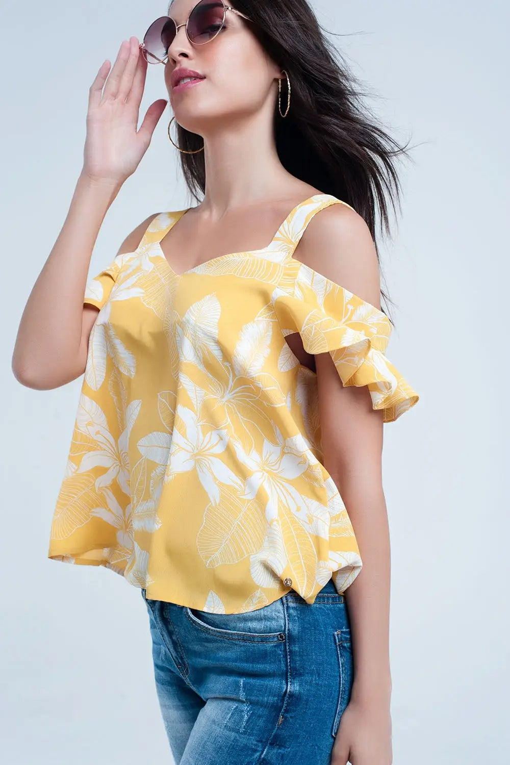 Top fleur jaune et volants - Tee-Shirt