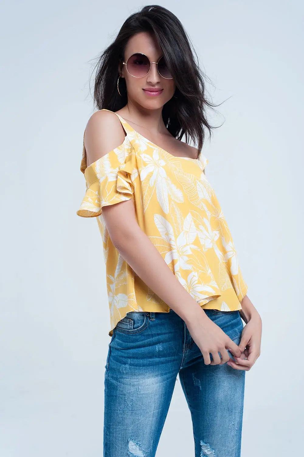 Top fleur jaune et volants - Tee-Shirt