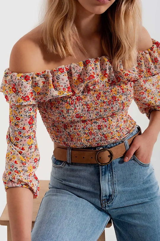 Top froncé encolure Bardot à avec devant volanté et corail imprimé petites fleurs - Tops
