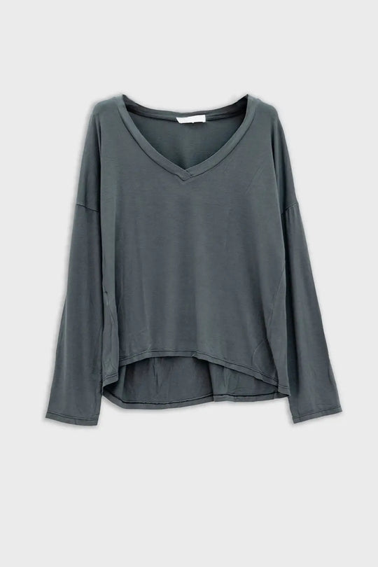 Q2 Top gris à manches longues et col en V en modal