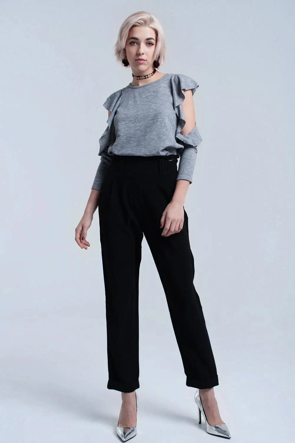 Top gris avec plis et détail ouvert - Tee-Shirt