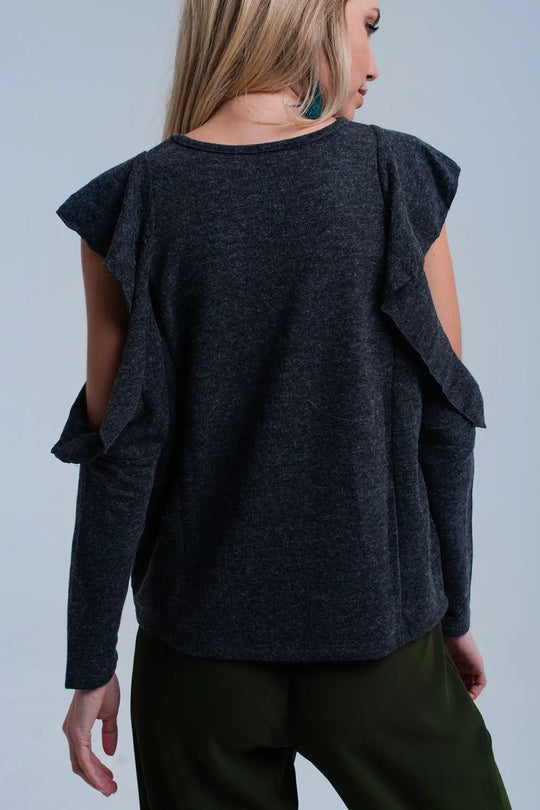 Top gris foncé avec plis et détail ouvert - Tee-Shirt