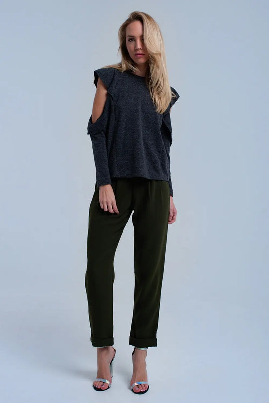 Top gris foncé avec plis et détail ouvert - Tee-Shirt