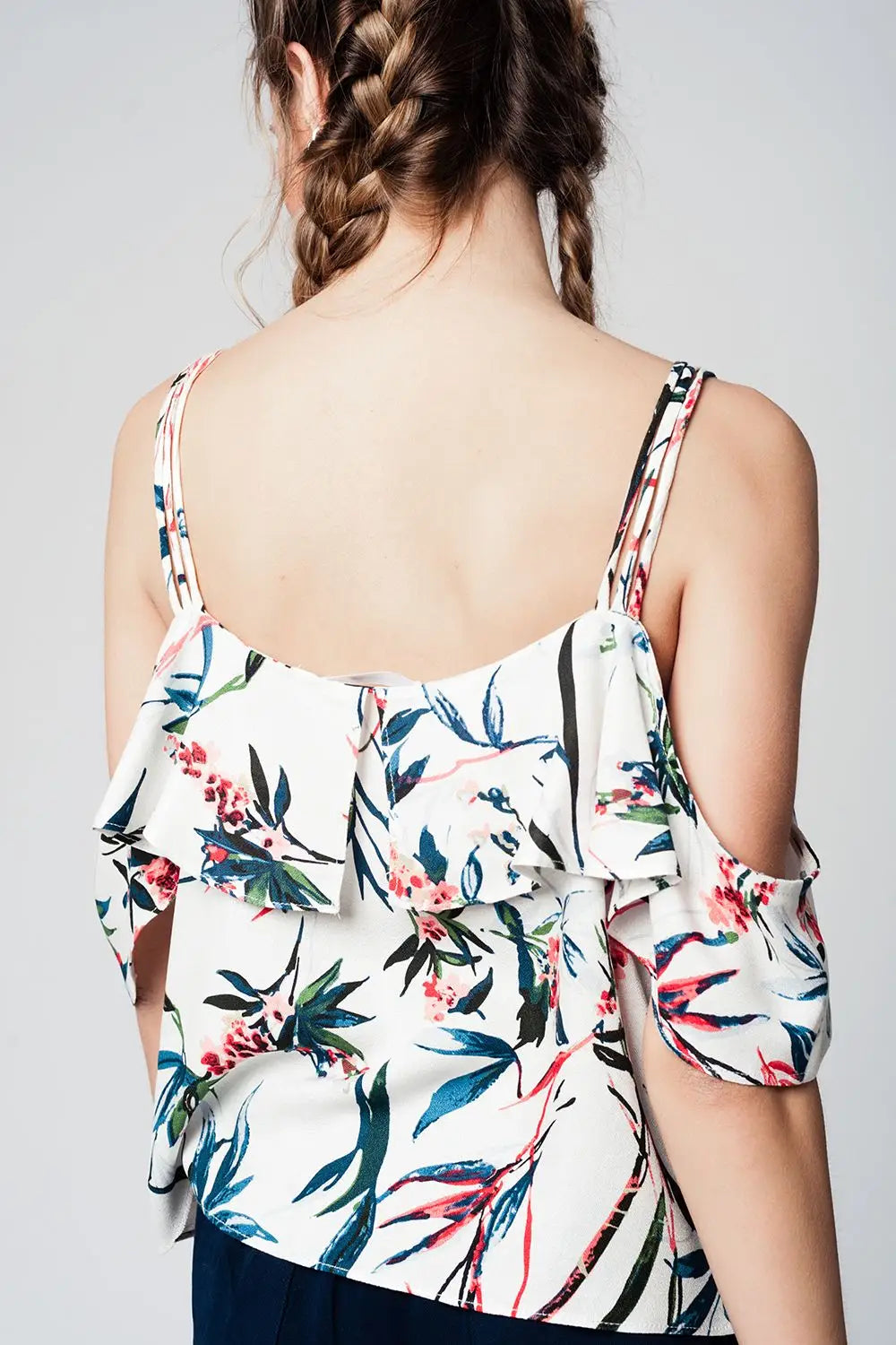 Top imprimé tropical bleu avec épaules dénudées - Tee-Shirt