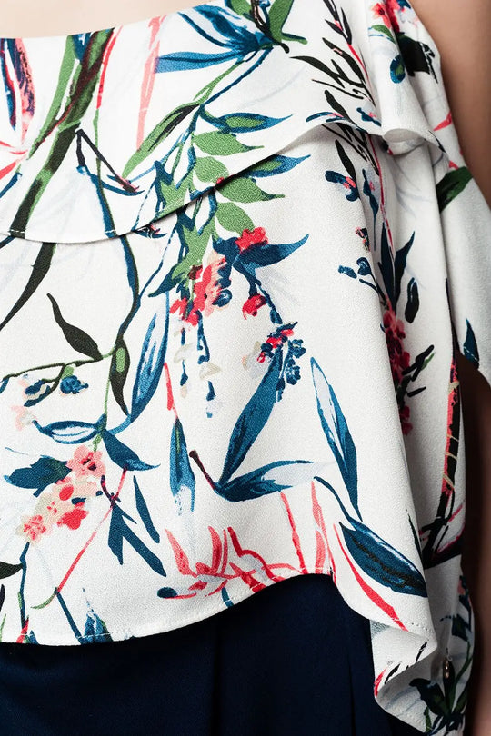Top imprimé tropical bleu avec épaules dénudées - Tee-Shirt
