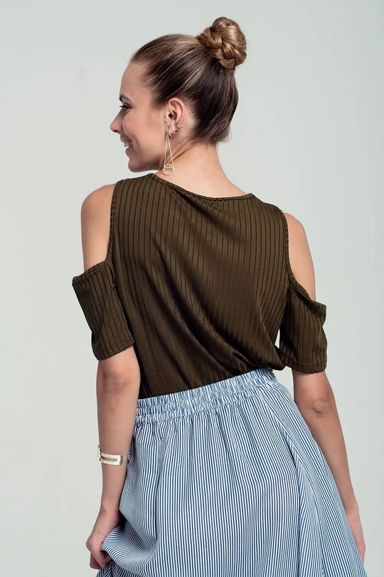 Top khaki découper aux épaules - Tops