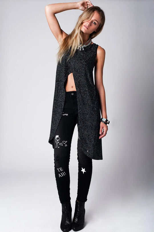 Top long en maille silver avec détail découpe - Tee-Shirt