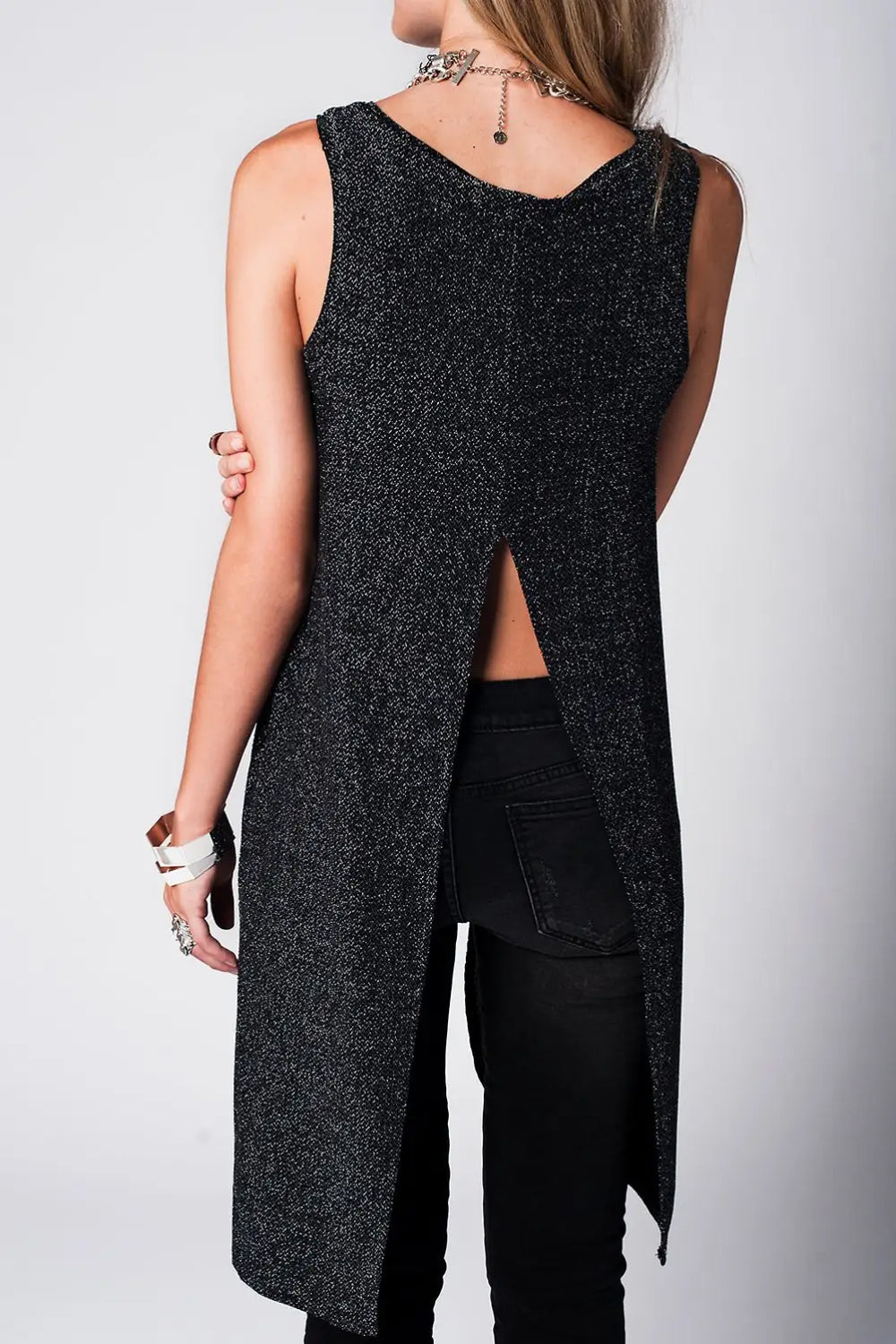 Top long en maille silver avec détail découpe - Tee-Shirt