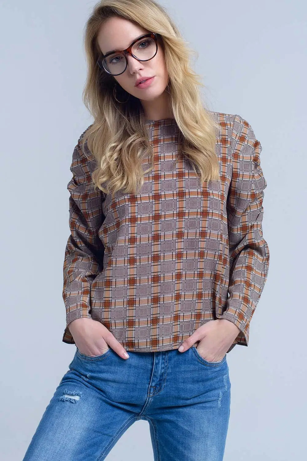 Top marron avec imprimé à carreaux - Tee-Shirt