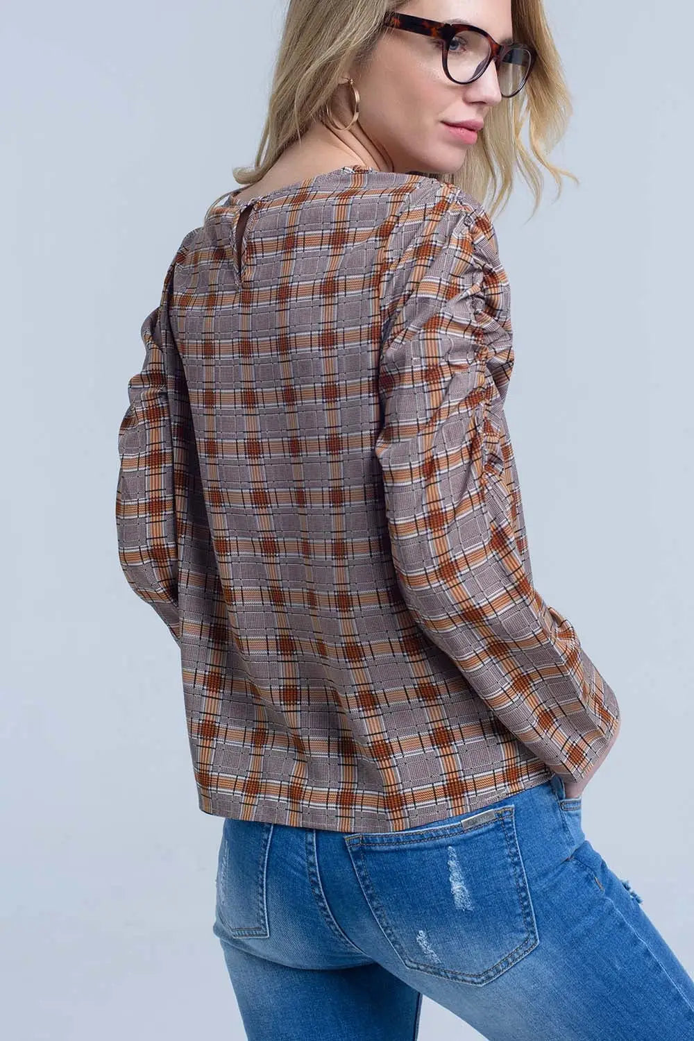Top marron avec imprimé à carreaux - Tee-Shirt