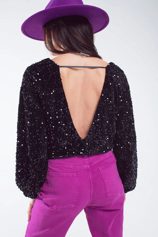 Top noir à paillettes avec col en V manches ballon et dos ouvert - Tops