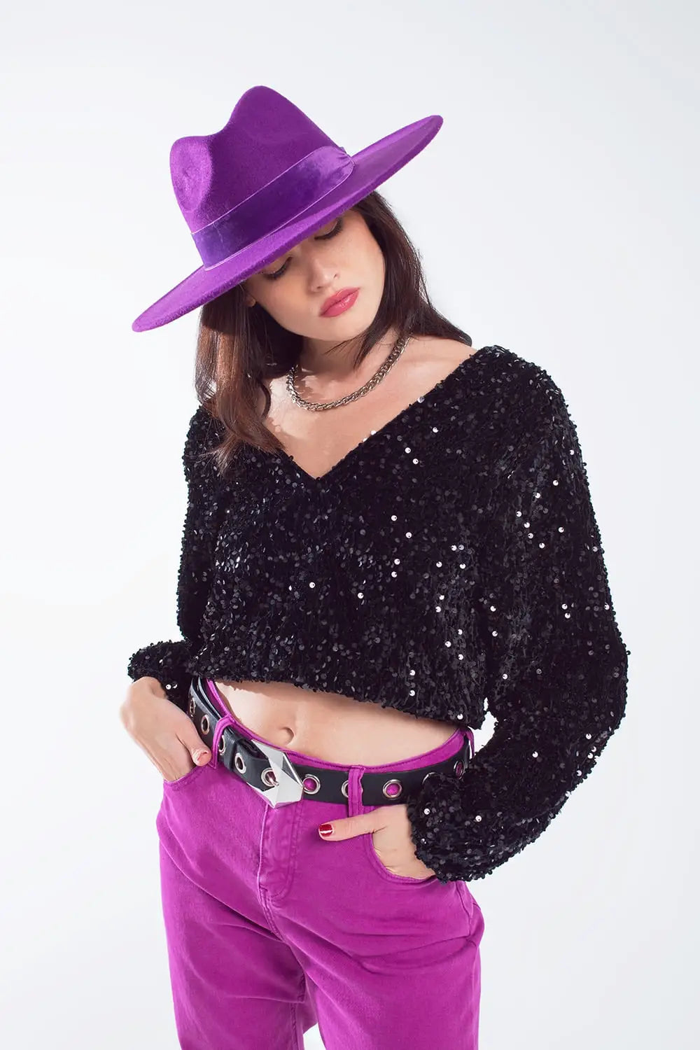 Top noir à paillettes avec col en V manches ballon et dos ouvert - Tops