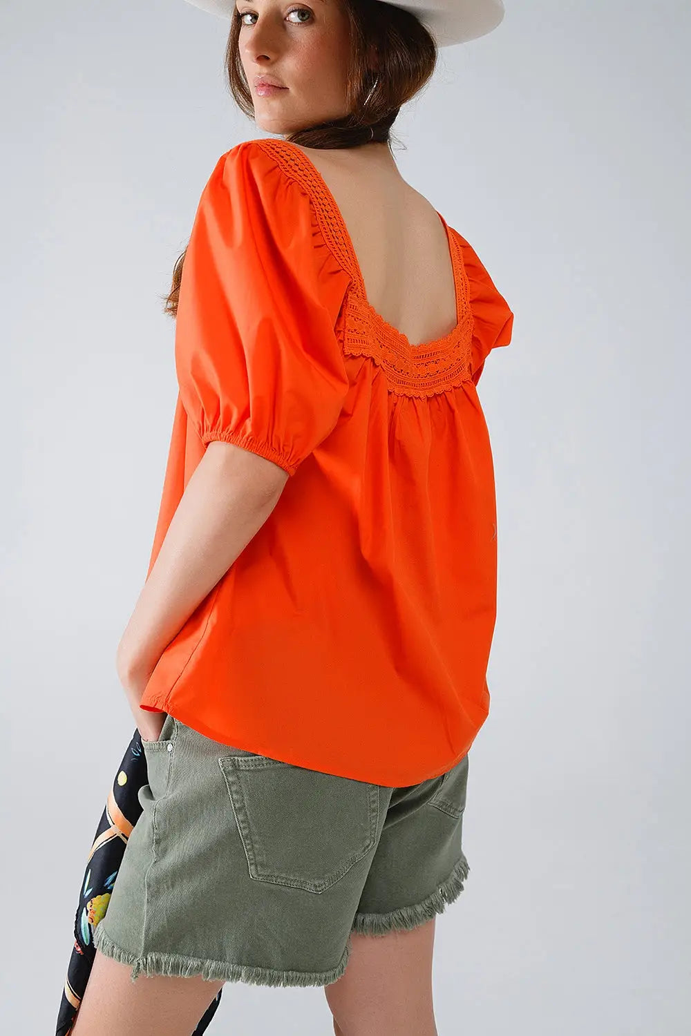 Top orange à encolure carrée et manches courtes - Tops