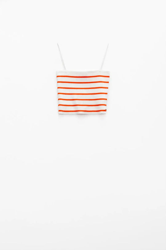 Top rayé blanc et orange à encolure carrée - Tops