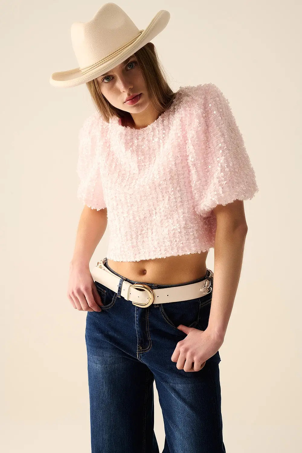 Top rose avec des détails en sequins et des manches bouffantes - Tops