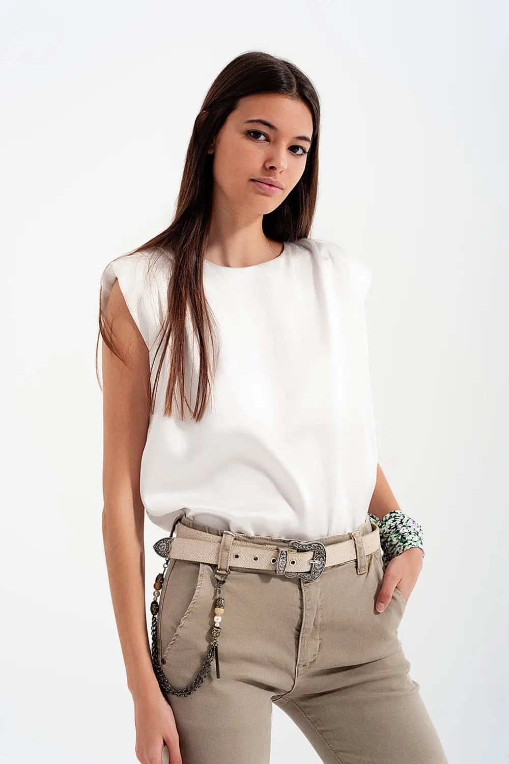 Top sans manches à épaulettes en satin froncé blanc - Tops