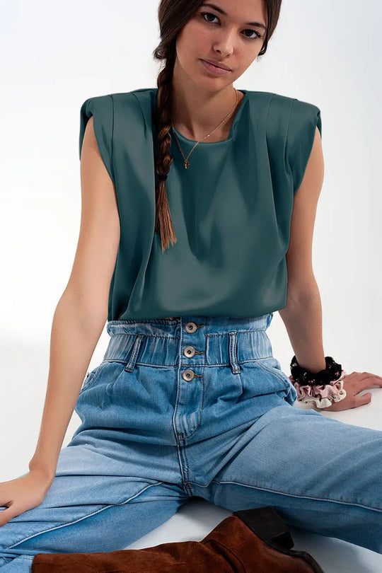 Top sans manches à épaulettes en satin froncé vert - Tops