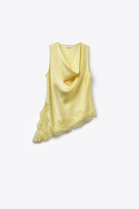 Top sans manches en satin jaune avec bordure en dentelle - Tops