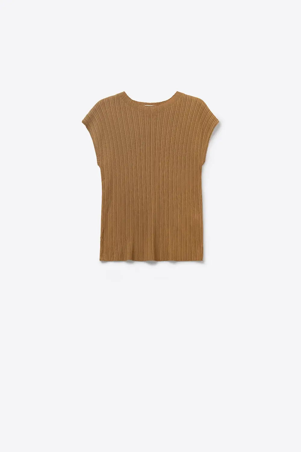 Q2 Top sans manches en tricot camel côtelé avec col ras du cou