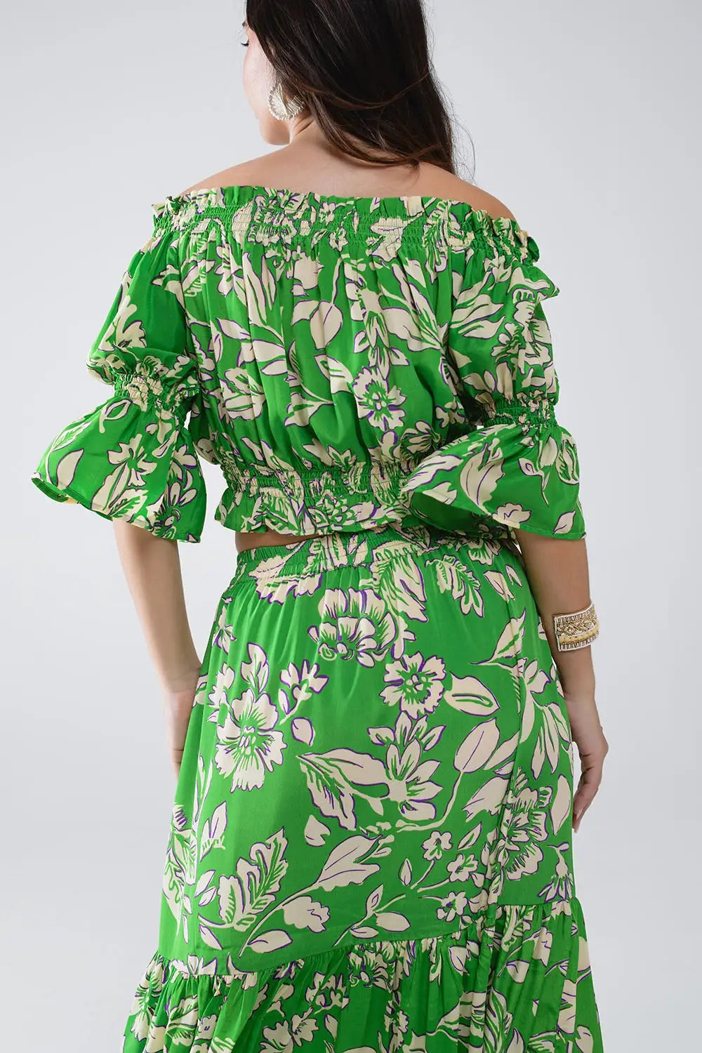 Top vert à taille élastiquée avec imprimé floral - Tee-Shirt
