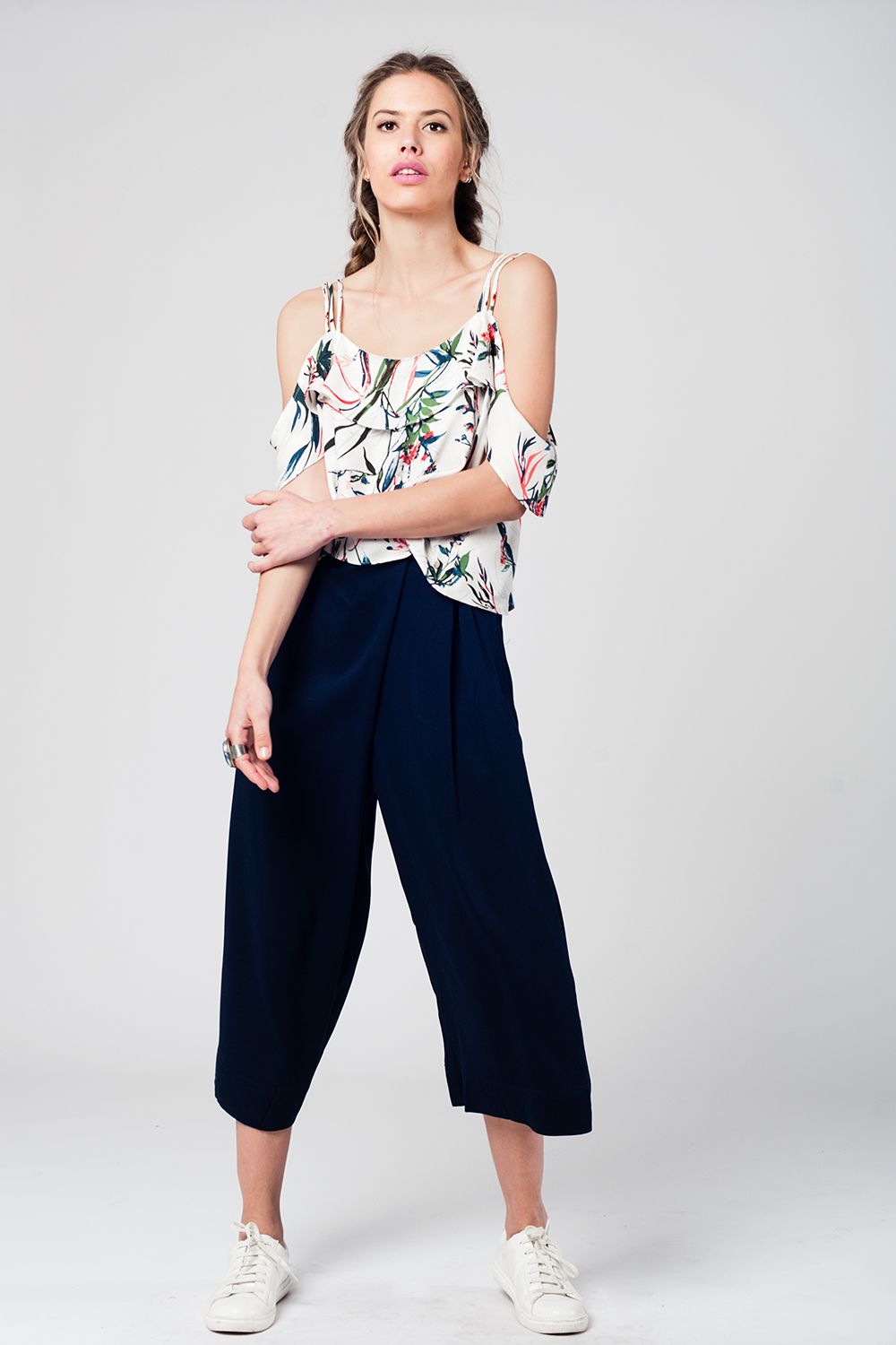 top with cold shoulder and blue leaves print