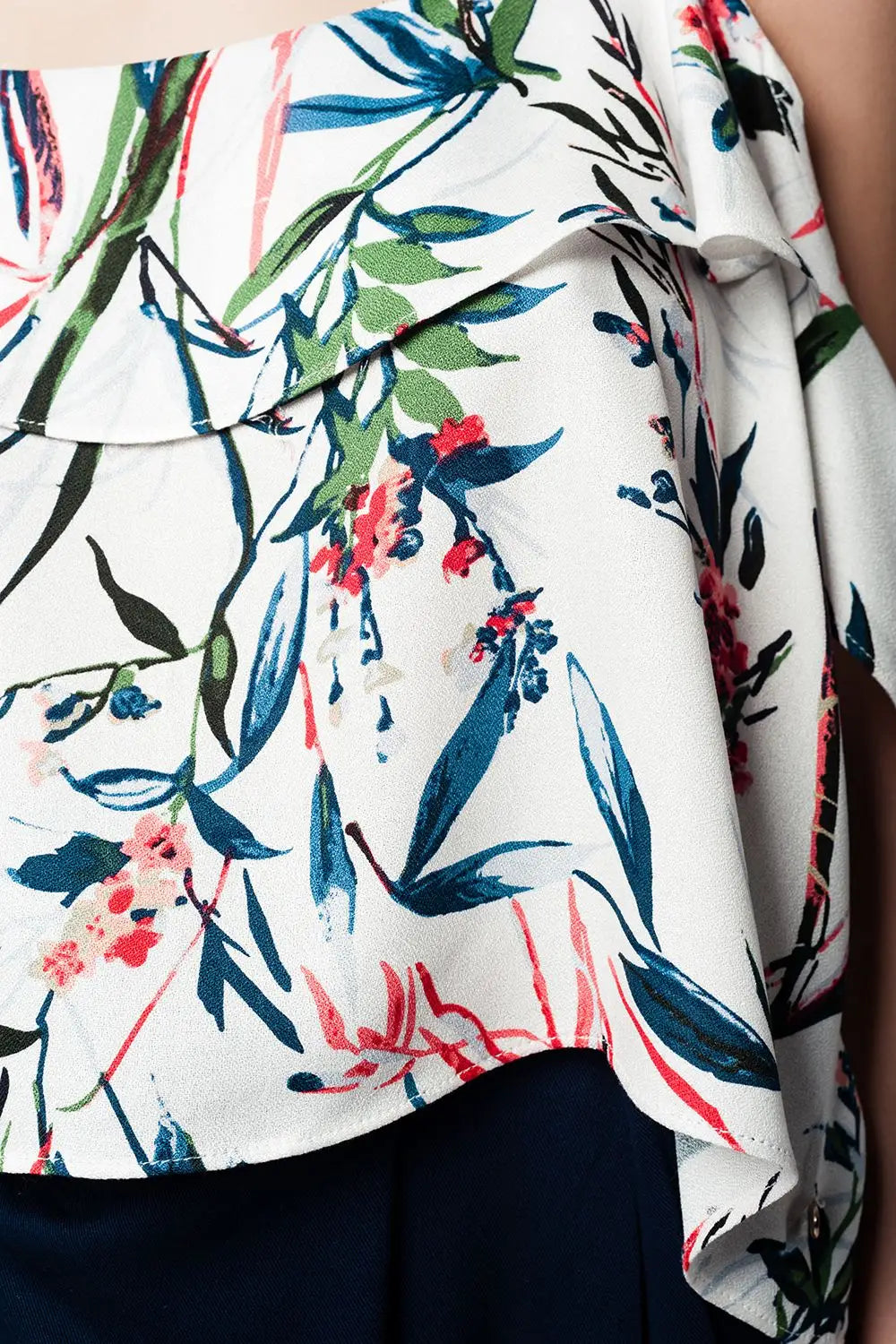 top with cold shoulder and blue leaves print - Shirts