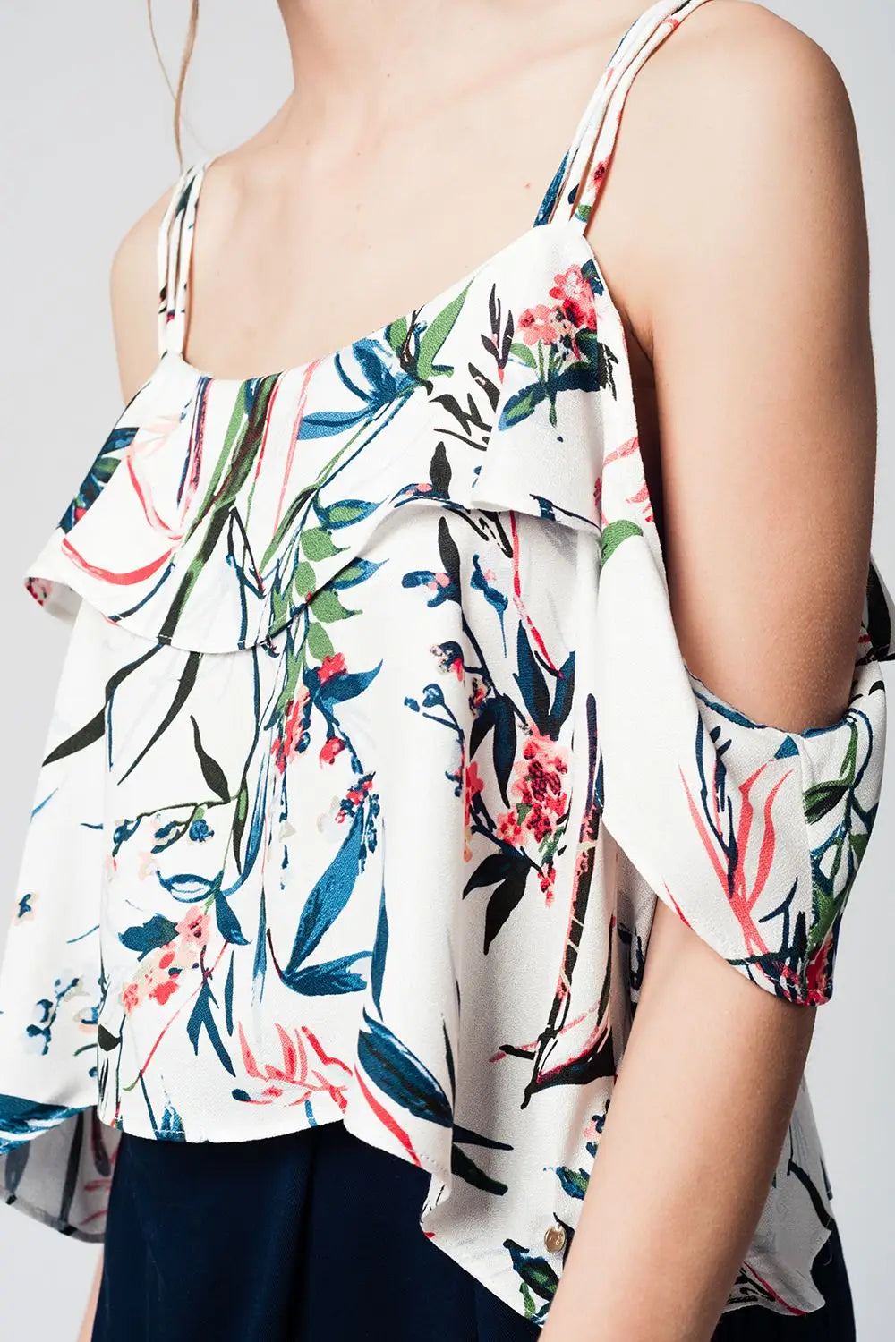 top with cold shoulder and blue leaves print - Shirts